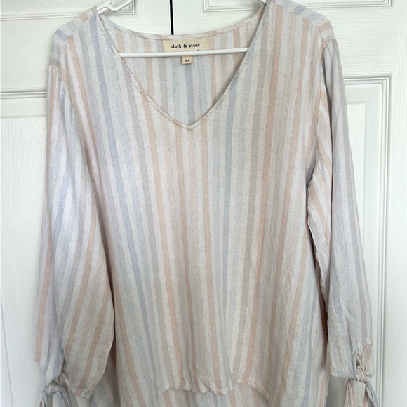 Cloth & Stone Anthropologie Linen Blend Sparkle Striped Top Tie Sleeve-V Neck-XL - Picture 10 of 10
